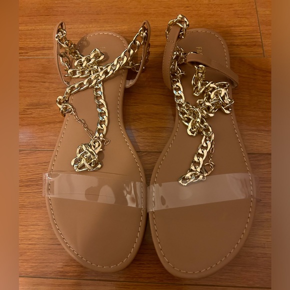 Nude Breaking The Link Flat Sandals with Gold Chain Ankle Straps. New Size 10 - Picture 3 of 6